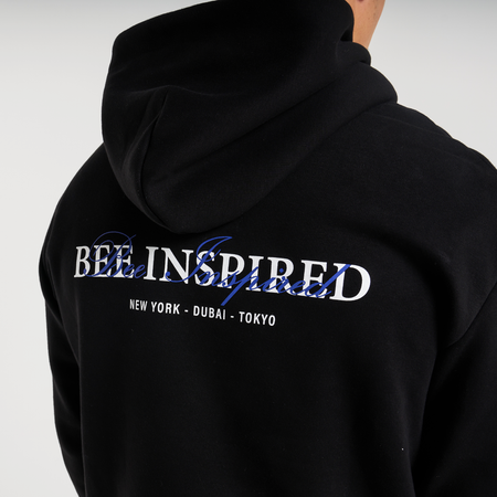 Bee Inspired Stach Hoodie in Black, relaxed fit hoodie with a kanga pocket and stretch cuffs, back view