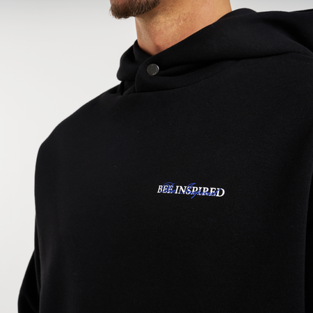 Bee Inspired Stach Hoodie in Black, relaxed fit hoodie with a kanga pocket and stretch cuffs, alternate angle