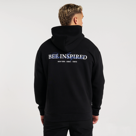 Bee Inspired Stach Hoodie in Black, relaxed fit hoodie with a kanga pocket and stretch cuffs, front view