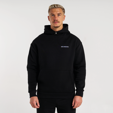 Bee Inspired Stach Hoodie in Black, relaxed fit hoodie with a kanga pocket and stretch cuffs, close-up
