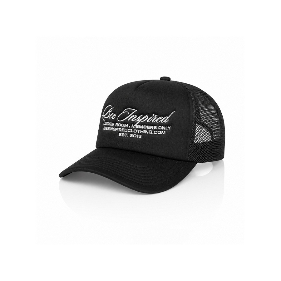 Bee Inspired Team Trucker Cap in Black, trucker cap with a foam front and mesh back, front view