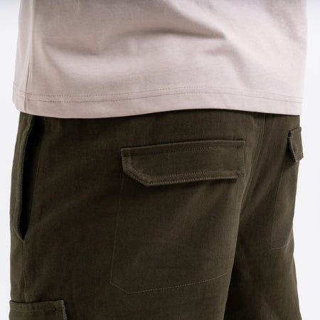 Bee Inspired Verdi Cargo Pant in Khaki, relaxed fit carpenter-style cargo trousers with a drawcord waistband, front view