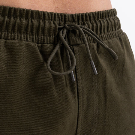 Bee Inspired Verdi Cargo Pant in Khaki, relaxed fit carpenter-style cargo trousers with a drawcord waistband, close-up