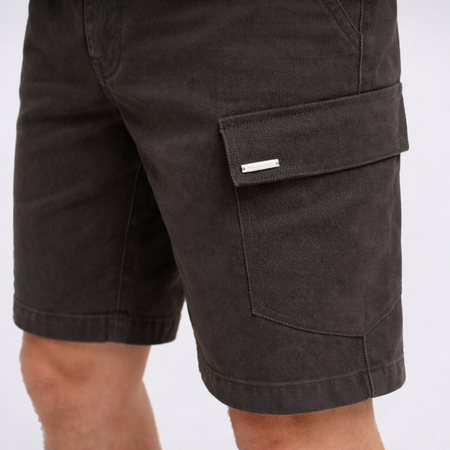 Bee Inspired Verdi Cargo Shorts in Charcoal, relaxed fit carpenter-style cargo shorts, close-up