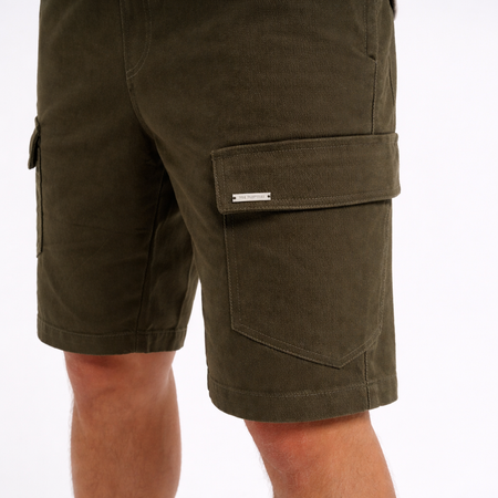 Bee Inspired Verdi Cargo Shorts in Khaki, relaxed fit carpenter-style cargo shorts, close-up