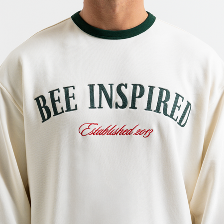 Bee Inspired Willock Crew in Off-White, relaxed fit crew sweatshirt with a collegiate look, close-up