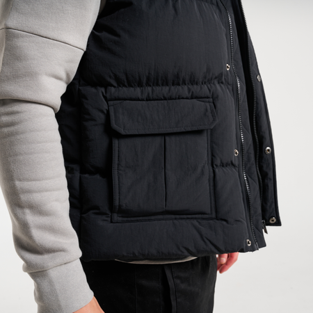 Bee Inspired Aaronson Gilet in Black, heavyweight hooded gilet with a chest pocket and multiple utility pockets