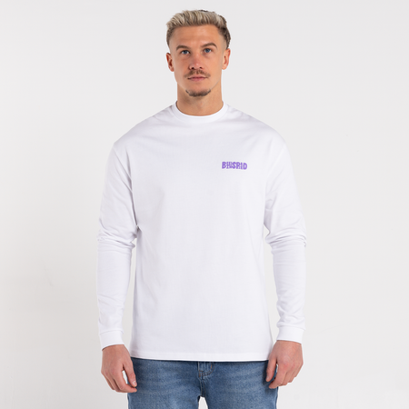 Bee Inspired Aguirre Long Sleeve T-Shirt in White/Purple, relaxed fit long sleeve tee with a raised print on the chest