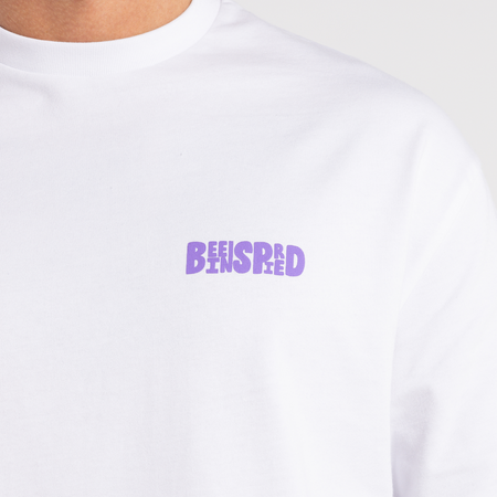 Bee Inspired Aguirre Long Sleeve T-Shirt in White/Purple, relaxed fit long sleeve tee with a raised print on the chest