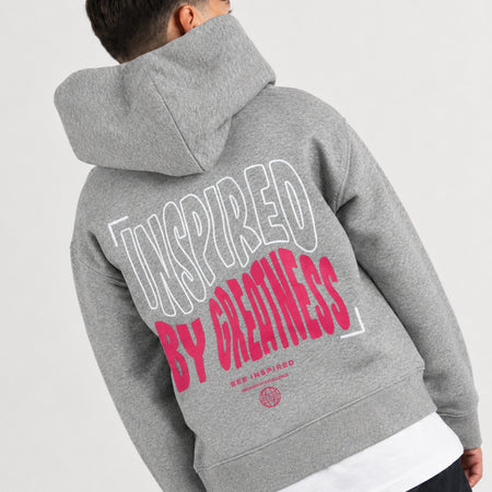 Bee Inspired Junior Aguirre Hoodie in Grey/Pink, relaxed fit junior hoodie with a raised chest and back print, close-up