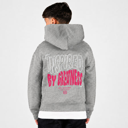 Bee Inspired Junior Aguirre Hoodie in Grey/Pink, relaxed fit junior hoodie with a raised chest and back print, front view