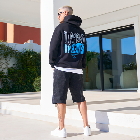 Bee Inspired Aguirre Hoodie in Black/Blue, relaxed fit hoodie with a raised graphic print and kanga pocket, back view