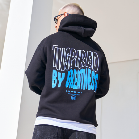Bee Inspired Aguirre Hoodie in Black/Blue, relaxed fit hoodie with a raised graphic print and kanga pocket, front view
