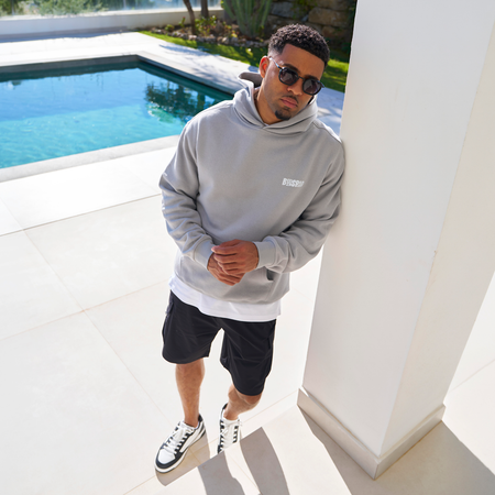 Bee Inspired Aguirre Hoodie in Grey/Pink, relaxed fit hoodie with a raised graphic print and kanga pocket, styled shot