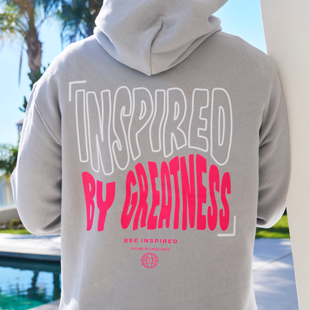 Bee Inspired Aguirre Hoodie in Grey/Pink, relaxed fit hoodie with a raised graphic print and kanga pocket, back view