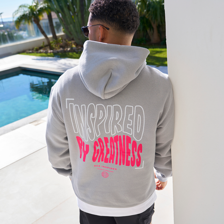 Bee Inspired Aguirre Hoodie in Grey/Pink, relaxed fit hoodie with a raised graphic print and kanga pocket, front view