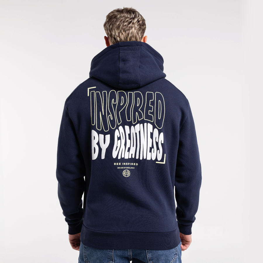 Bee Inspired Aguirre Hoodie in Navy, relaxed fit hoodie with a raised graphic print and kanga pocket, front view