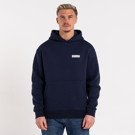 Bee Inspired Aguirre Hoodie in Navy, relaxed fit hoodie with a raised graphic print and kanga pocket, styled shot