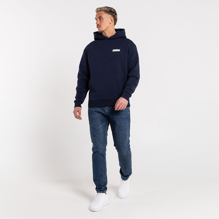 Bee Inspired Aguirre Hoodie in Navy, relaxed fit hoodie with a raised graphic print and kanga pocket, back view