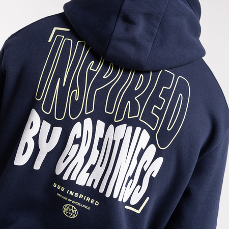 Bee Inspired Aguirre Hoodie in Navy, relaxed fit hoodie with a raised graphic print and kanga pocket, front view