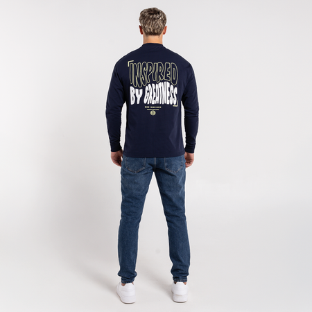 Bee Inspired Aguirre Long Sleeve T-Shirt in Navy, relaxed fit long sleeve tee with a raised print on the chest, close-up