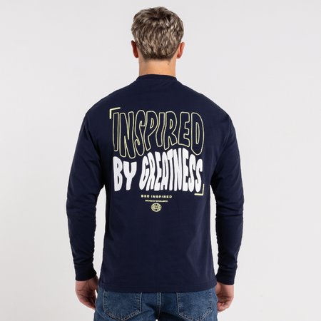 Bee Inspired Aguirre Long Sleeve T-Shirt in Navy, relaxed fit long sleeve tee with a raised print on the chest, front view