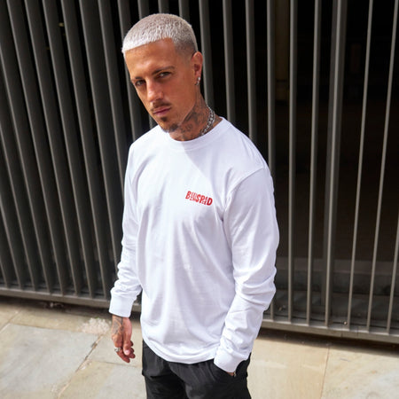 Aguirre Long Sleeve T-Shirt in white and burnt red showing the relaxed fit