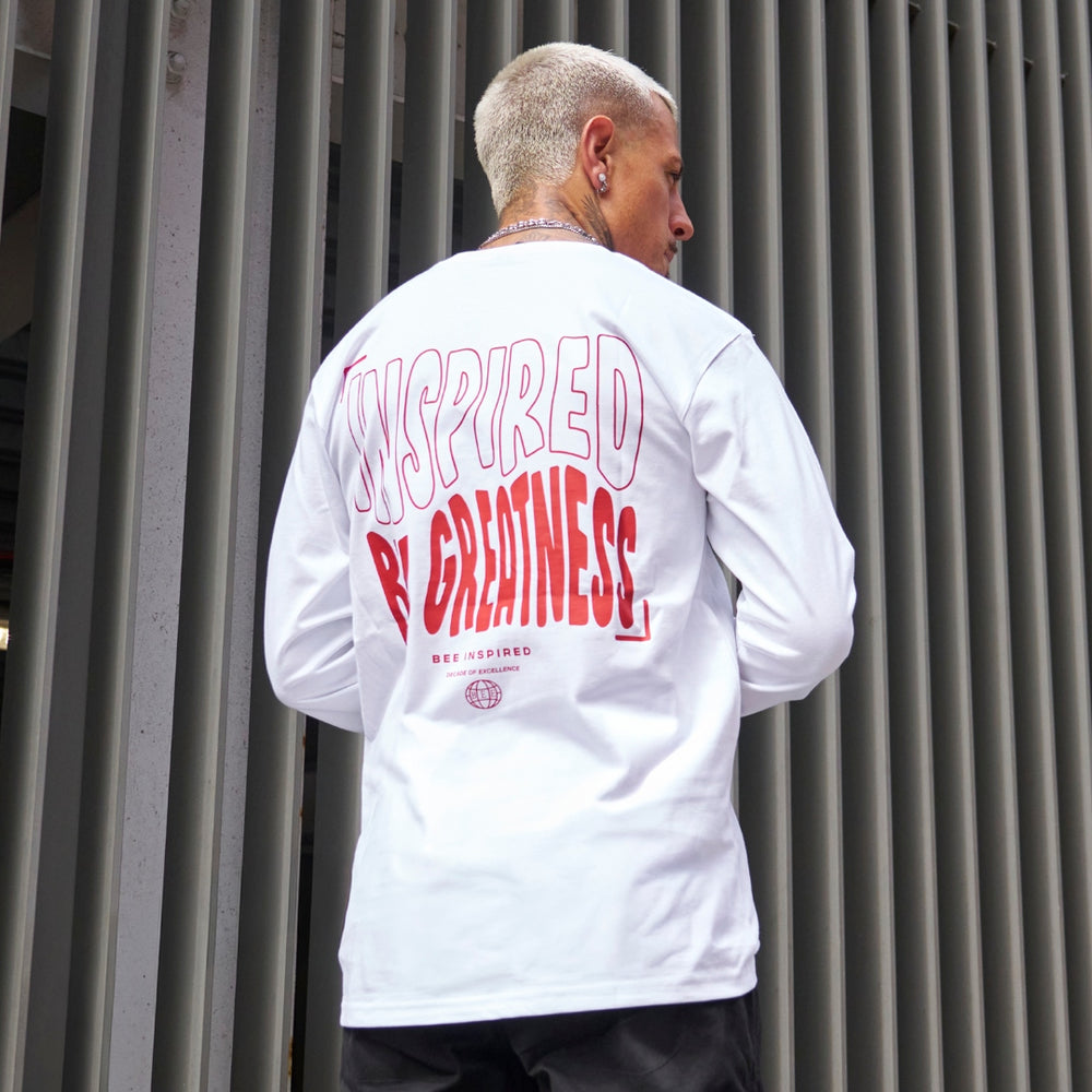 Bee Inspired Aguirre Long Sleeve T-Shirt in white and burnt red, relaxed fit with a print on the chest and back