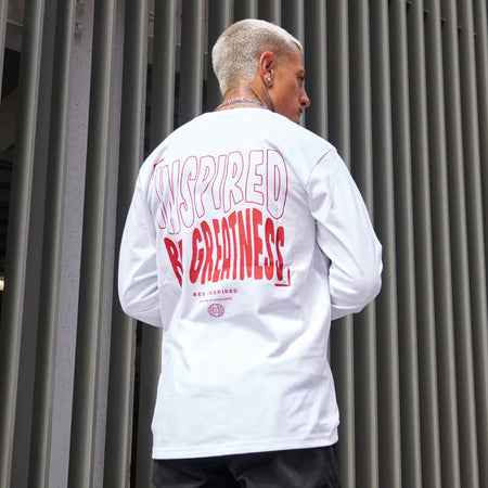 Bee Inspired Aguirre Long Sleeve T-Shirt in white and burnt red, relaxed fit with a print on the chest and back