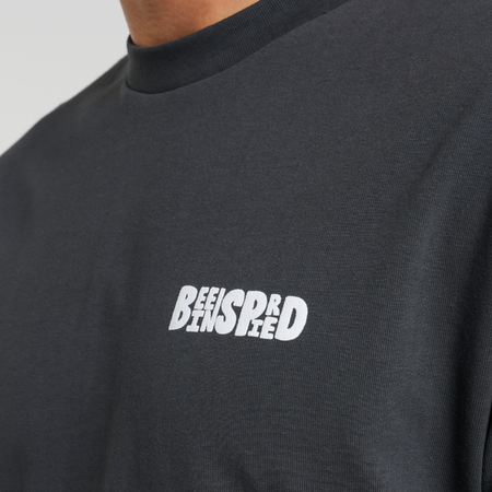 Bee Inspired Aguirre T-Shirt in Charcoal, relaxed fit tee with a raised print across chest and back, close-up