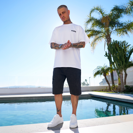 Bee Inspired Aguirre Oversized T-Shirt in White/Blue, oversized fit tee with a raised print across chest and back