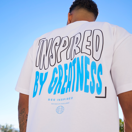Bee Inspired Aguirre Oversized T-Shirt in White/Blue, oversized fit tee with a raised print across chest and back, back view