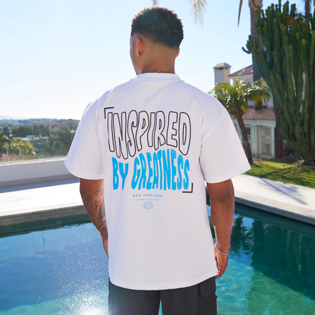 Bee Inspired Aguirre Oversized T-Shirt in White/Blue, oversized fit tee with a raised print across chest and back, front view