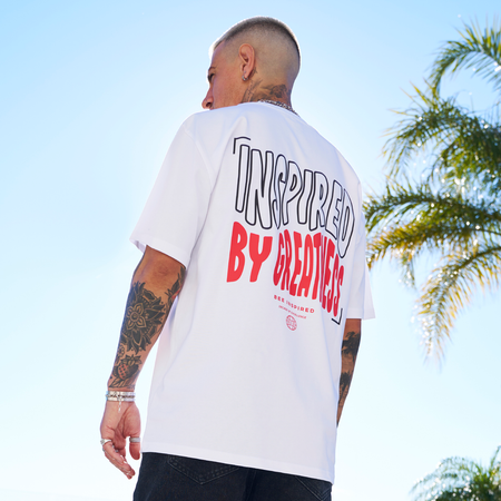 Bee Inspired Aguirre Oversized T-Shirt in White/Red, oversized fit tee with a raised print across chest and back, front view