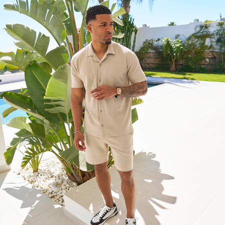 Bee Inspired Ake Shirt in Clay, short sleeve shirt with a classic camp collar, styled shot
