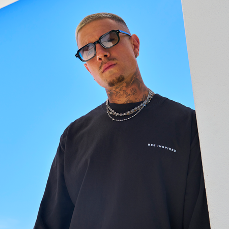 Bee Inspired Alonso Long Sleeve Top in Faded Black, relaxed fit long sleeve graphic tee with a faded wash, alternate angle