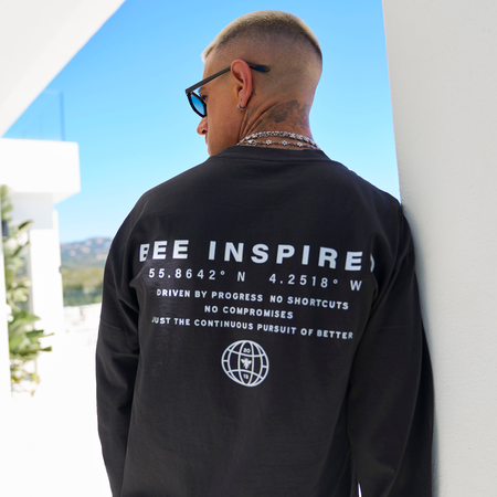 Bee Inspired Alonso Long Sleeve Top in Faded Black, relaxed fit long sleeve graphic tee with a faded wash, back view