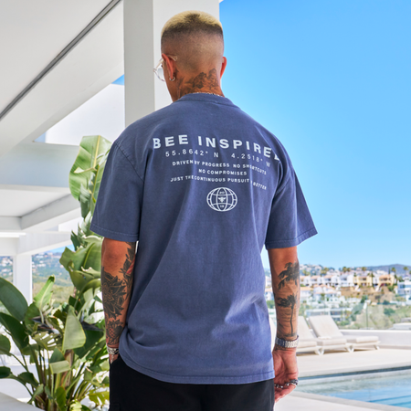 Bee Inspired Alonso Oversized T-Shirt in Faded Indigo, oversized fit graphic tee with a laid-back shape and faded wash