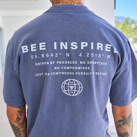 Bee Inspired Alonso Oversized T-Shirt in Faded Indigo, oversized fit graphic tee with a laid-back shape and faded wash