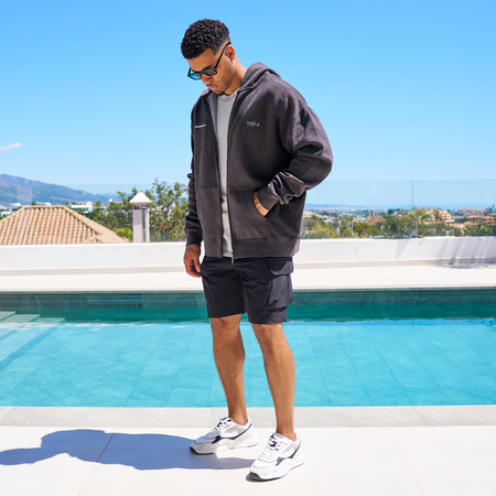 Bee Inspired Mata Full Zip Hoodie in Faded Black, relaxed fit full zip hoodie with a graphic print, styled shot