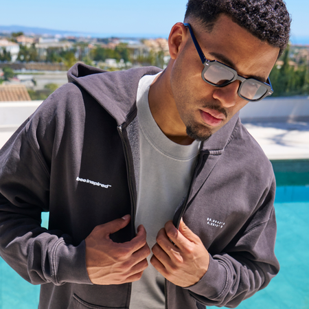 Bee Inspired Mata Full Zip Hoodie in Faded Black, relaxed fit full zip hoodie with a graphic print, close-up