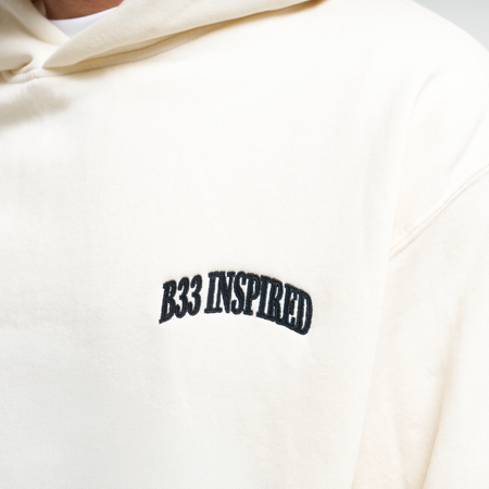 Bee Inspired Zabaleta Hoodie in Ecru, relaxed fit hoodie in premium heavyweight cotton, close-up