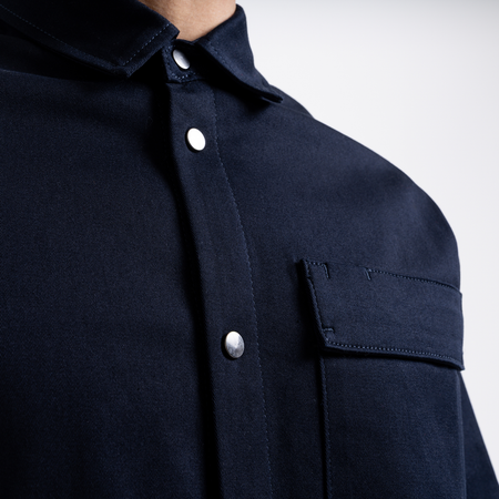 Bee Inspired Bayo Overshirt in Navy, relaxed fit overshirt with a soft, flexible feel, close-up