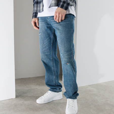 Bee Inspired Garnacho Relaxed Jeans in Mid Blue, heavyweight denim jeans with rip detailing for a worn-in look, front view