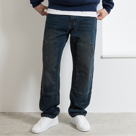 Bee Inspired Pirlo Relaxed Jeans in Indigo Wash, relaxed fit jeans with structured workwear-inspired panelling, front view