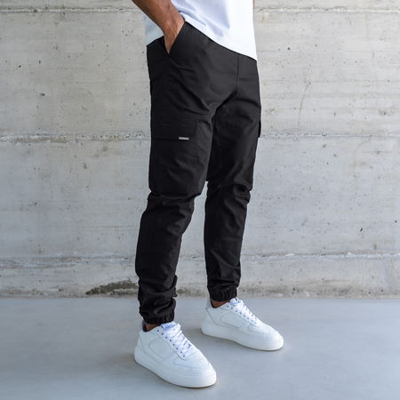 Bee Inspired Rivero Cargo Pants in Black, regular fit cargo trousers with multiple utility pockets, front view