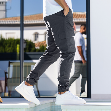 Bee Inspired Rivero Cargo Pants in Charcoal, regular fit cargo trousers with multiple utility pockets, front view