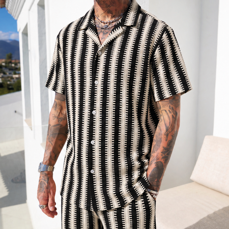 Bee Inspired Cherki Shirt in Black/Sand, short sleeve shirt with a classic camp collar, close-up