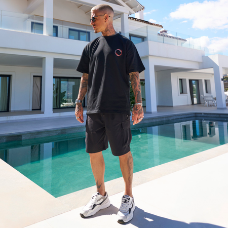 Bee Inspired Cote Oversized T-Shirt in Black, heavyweight cotton oversized tee with dropped shoulders, close-up