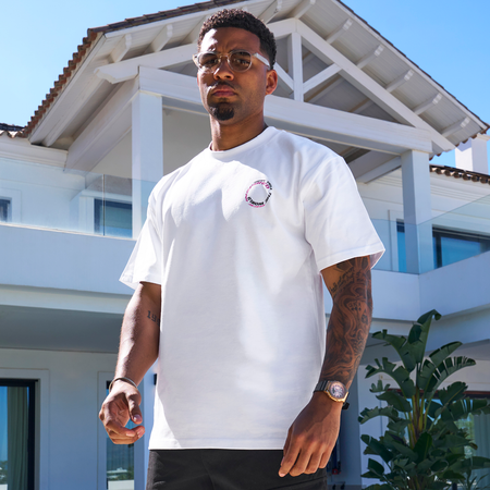 Bee Inspired Cote Oversized T-Shirt in White, heavyweight cotton oversized tee with dropped shoulders, close-up